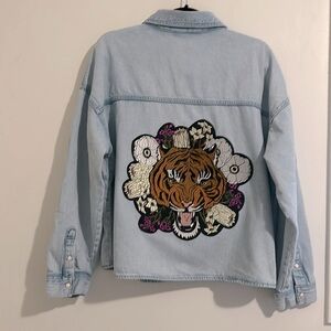 Oversized Jean jacket with embroidered flowers and tiger on back